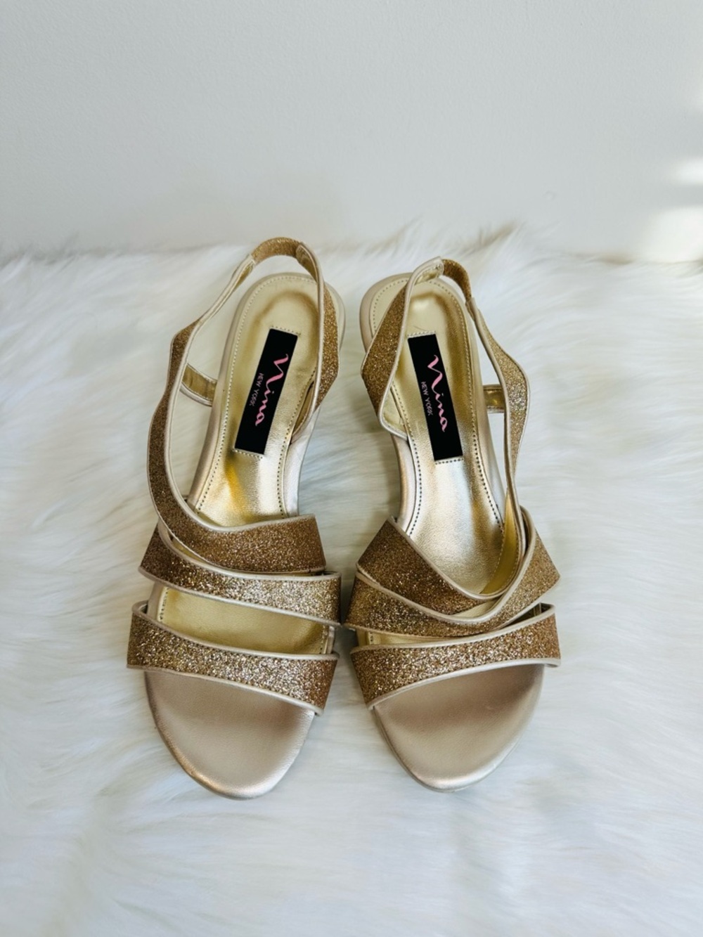 Nina Baby Glitter Open Toe Strappy Slingback Heels in Gold Size 6.5 - Picture 3 of 16